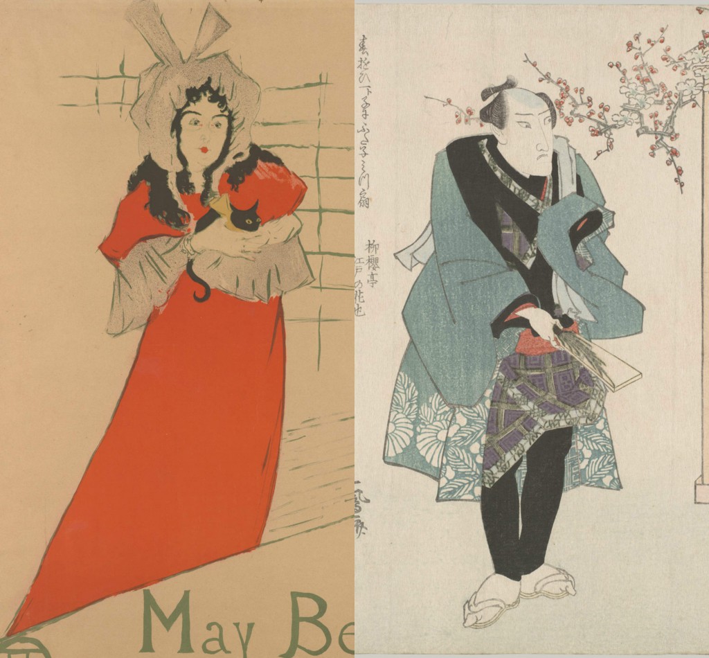 Side-by-side images showing how Henri de Toulouse Lautrec imitated the compositions and postures he found in Japanese kabuki theatre prints