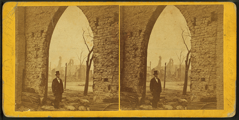 Tribune building and Custom House from interior Second Presbyterian Church.