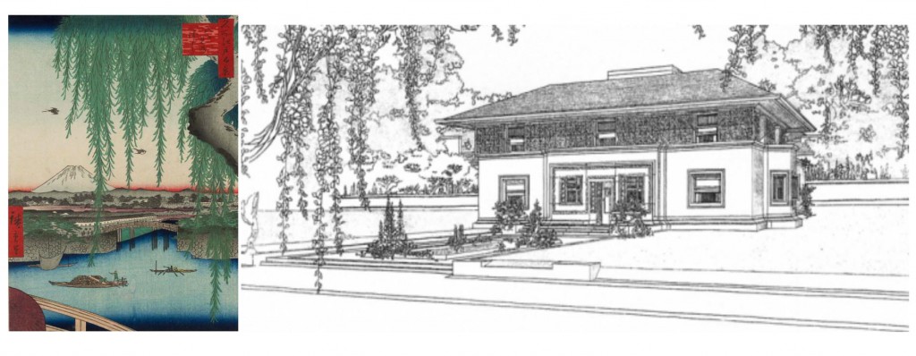 At left, a print by great Japanese ukiyo-e printmaker Ando Hiroshige seems to have provided a reference for American architect Frank Lloyd Wright’s choice to frame his elevation drawing of the Winslow House in River Forest, Illinois, with draping vegetation in 1910. Image via the Smithsonian Magazine.